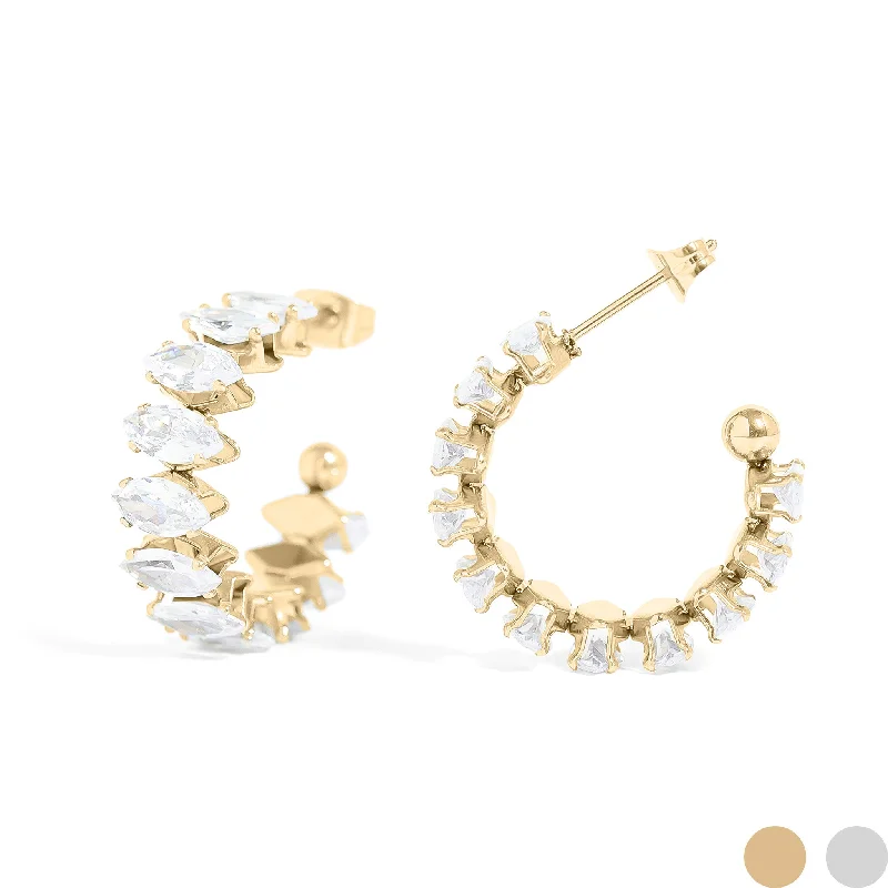 Round Gemstone Earrings for Women-18K Gold PVD Stainless Steel Marquis CZ Stone Hoops / ERJ0069