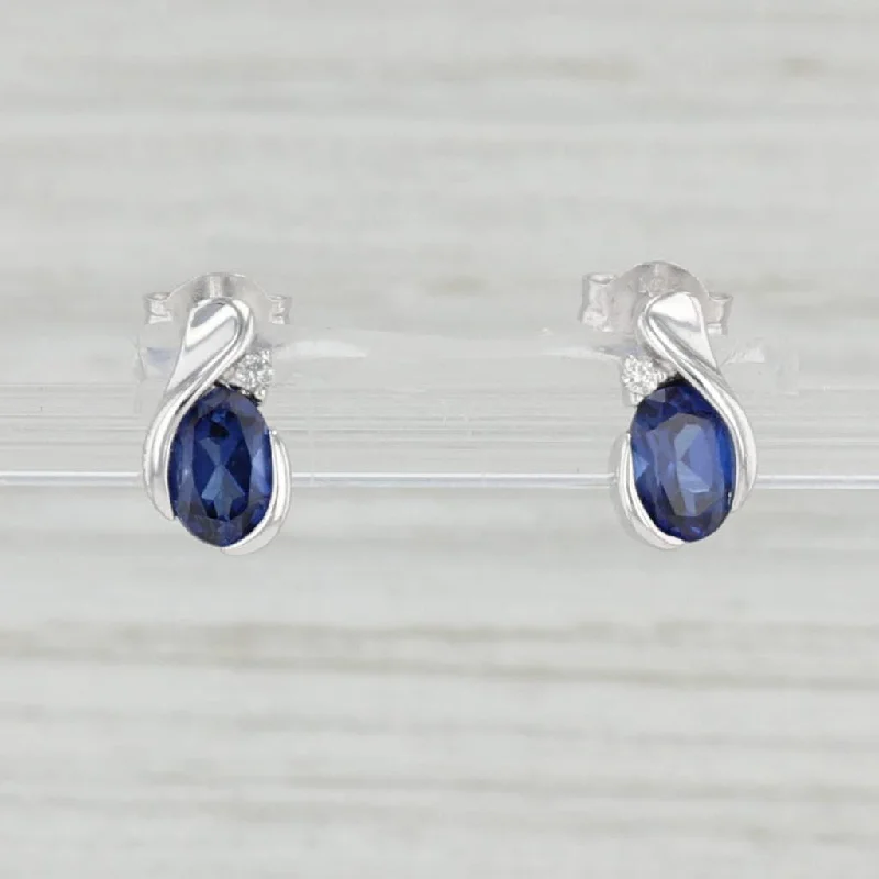 Cute Sterling Silver Earrings for Teens-1.28ctw Blue Lab Created Sapphire Diamond Teardrop Stud Earrings 10k White Gold