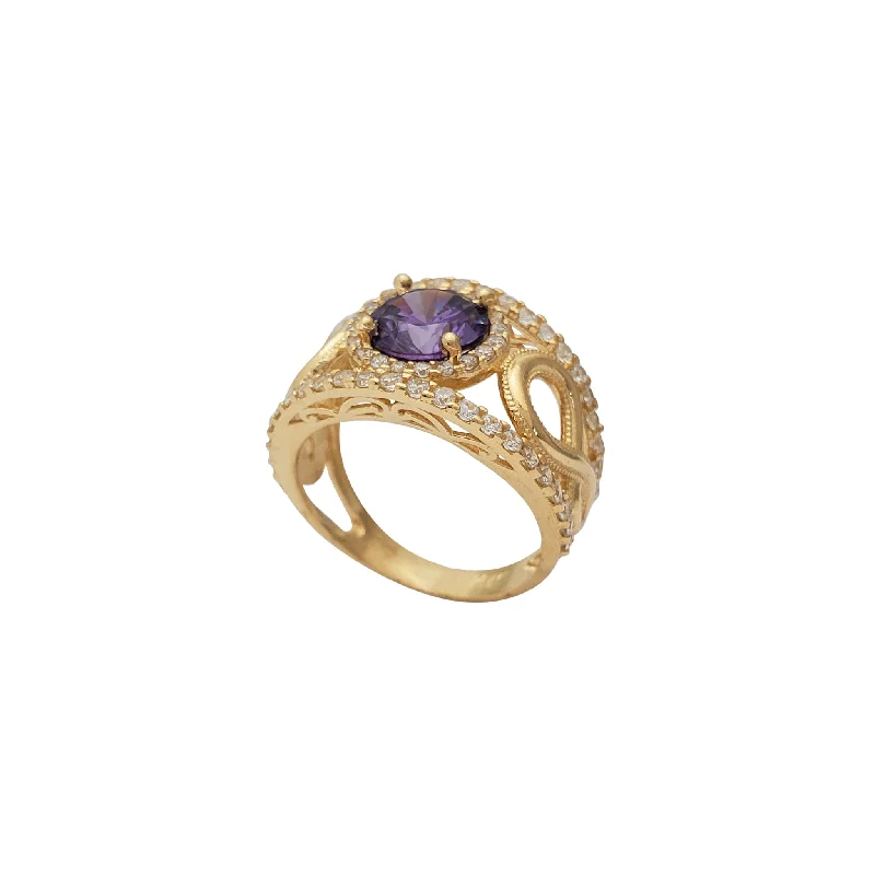 Designer Gold Ring with Custom Engraving for Anniversary-Purple Zirconia Infinity Sign Lady Ring (14K)