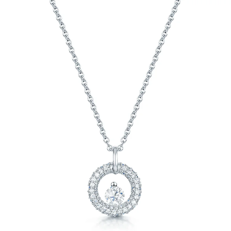 Customizable Silver Necklace for Men-18ct White Gold Diamond Circular Pave Set Pendant With A Single Diamond In Centre