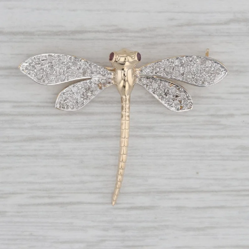 Custom Brooch Pins-0.23ctw Diamond Ruby Dragonfly Brooch 14k Yellow White Gold Insect Pin