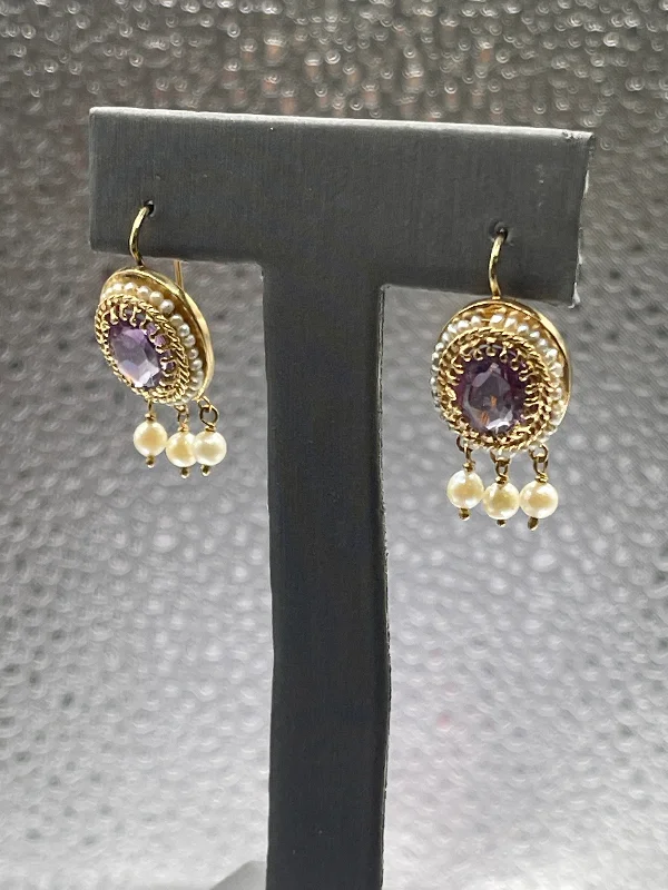 Large Gemstone Hoop Earrings-Vintage 14KT Yellow Gold Amethyst And Baby Sea Pearl Earrings