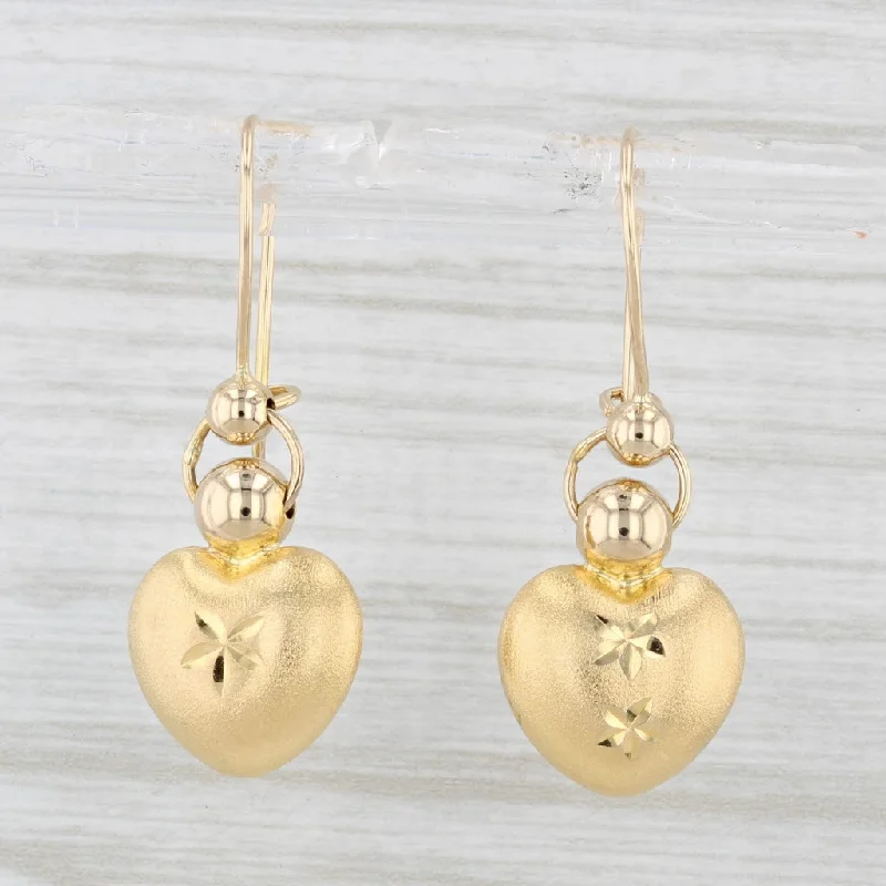 Wedding Earrings with Pearls and Diamonds-Brushed Floral Heart Dangle Earrings 14k Yellow Gold Pierced Drops