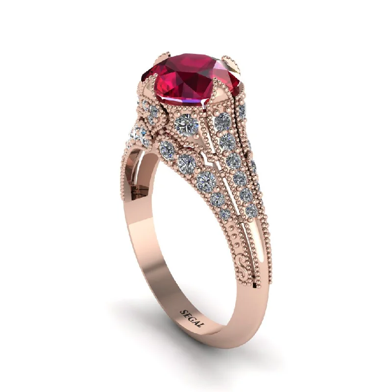 Unique Stackable Ring Set with Birthstones-Ruby Vintage Crown Engagement Ring - Talia No. 11