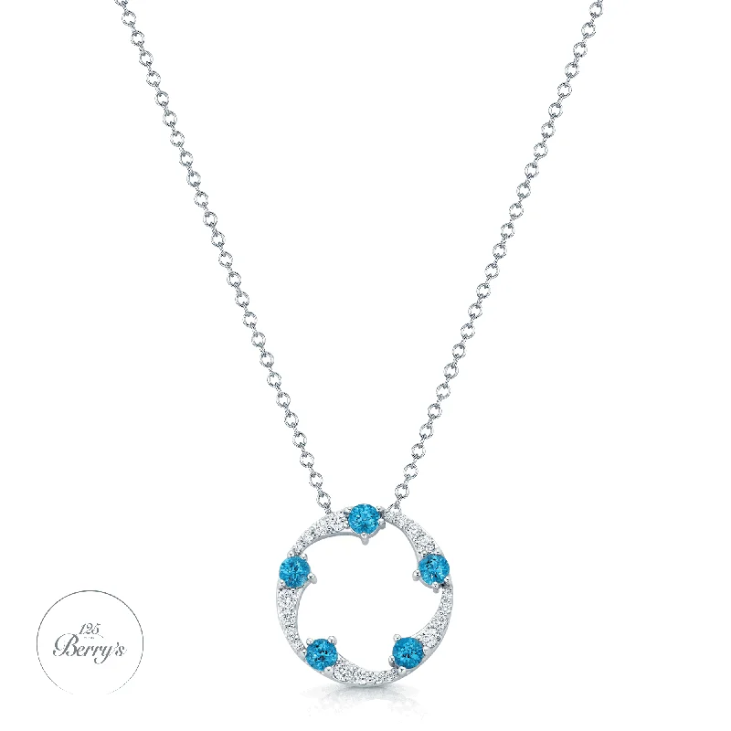 Luxury Silver Necklace with Colored Stones-OPEIA Collection 18ct White Gold Aquamarine And Diamond Fancy Circle Pendant With Chain