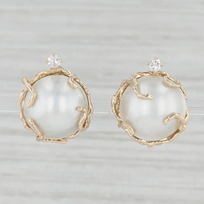 Dazzling Silver Earrings for Night-Round Mabe Pearl 0.20ctw Diamond Clip On Earrings 14k Yellow Gold Non Pierced