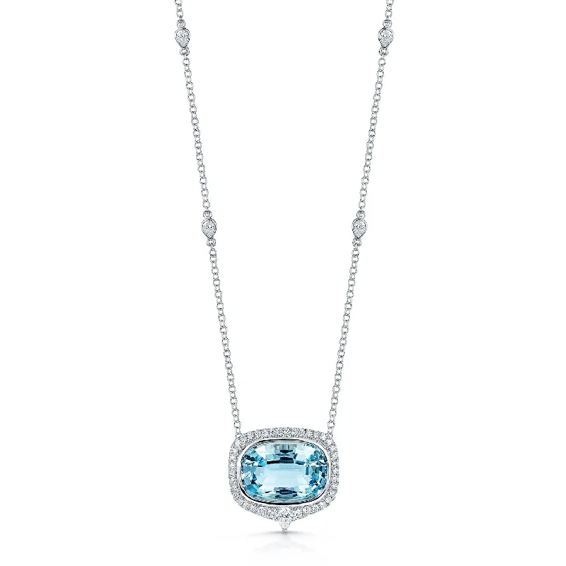 Layered Necklace with Gold Chains for Women-18ct White Gold Aquamarine And Diamond Halo Pendant