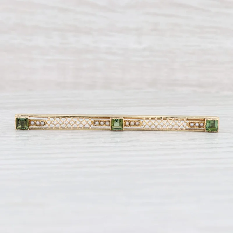 Brooch With Gold And Silver-Vintage Green Tourmaline Seed Pearl Filigree Bar Pin 14k Yellow Gold Brooch