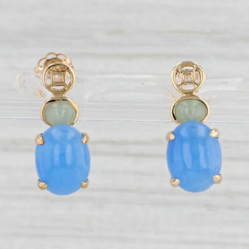 Gold Stud Earrings with Colored Stones-Blue Green Jadeite Jade Drop Earrings 14k Yellow Gold Oval Cabochons