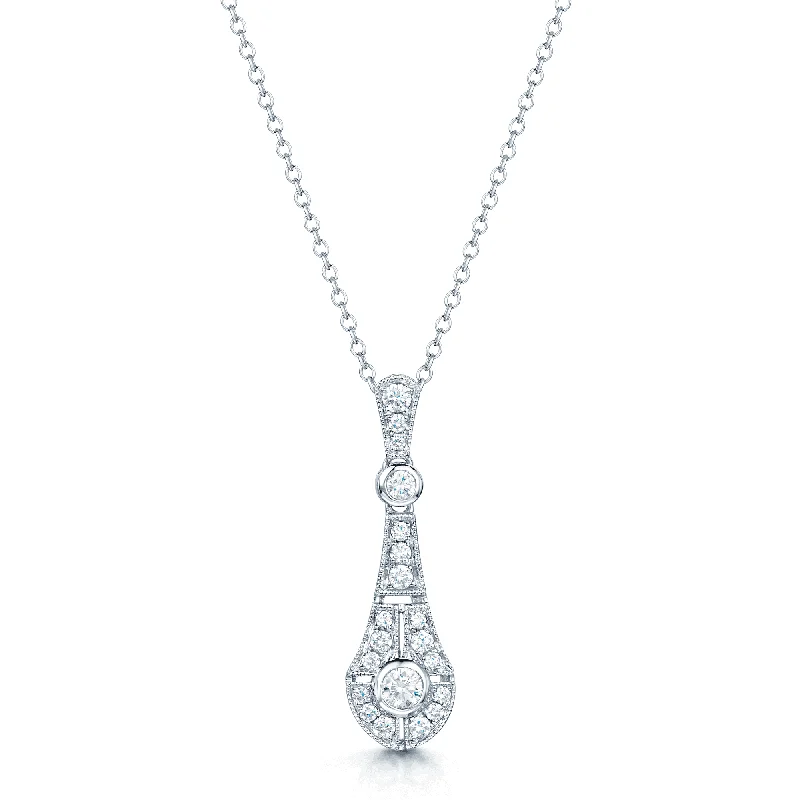 Sparkling Crystal Necklace for Formal Occasions-18ct White Gold Round Brilliant Cut Diamond Vintage Style Drop Pendant