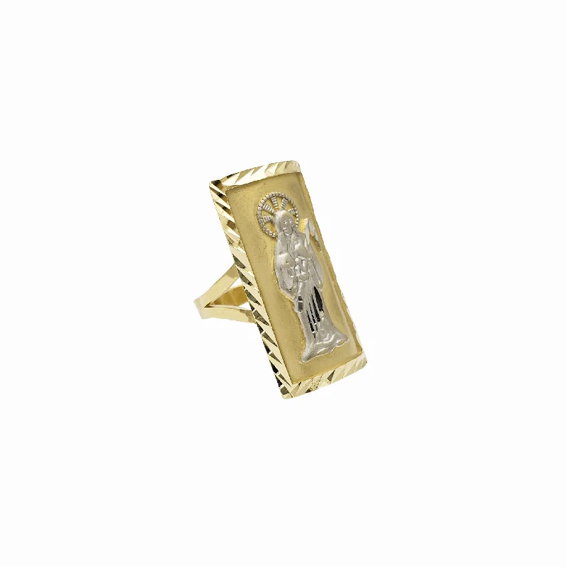 Custom Rose Gold Ring with Amethyst for Anniversary-Diamond-Cuts Rectangle Santa Muerte Ring (14K)