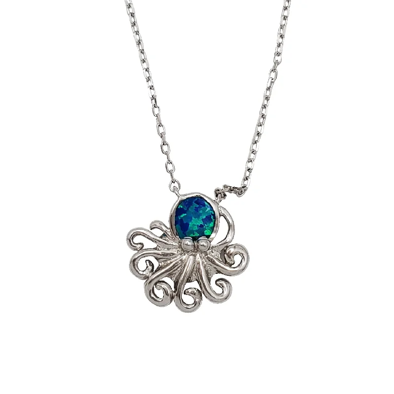 Personalized Silver Necklace with Quote-Blue Opal Octopus Pendant (Silver)