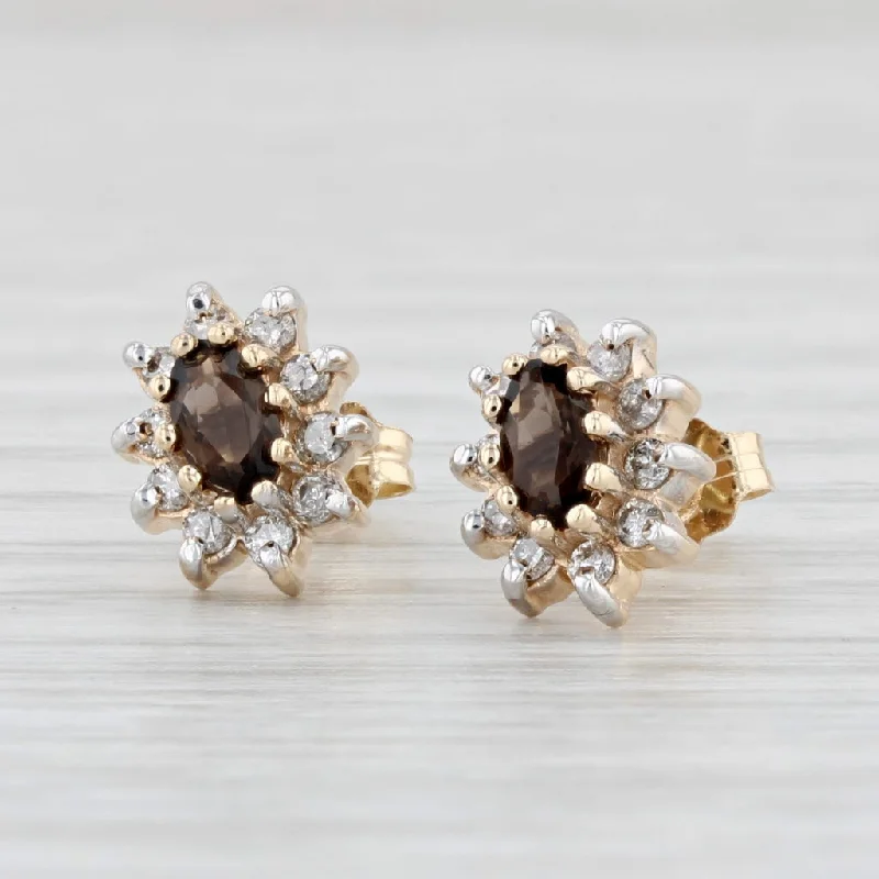 Silver Earrings for Special Occasions-0.76ctw Smoky Quartz Diamond Halo Stud Earrings 14k Yellow Gold