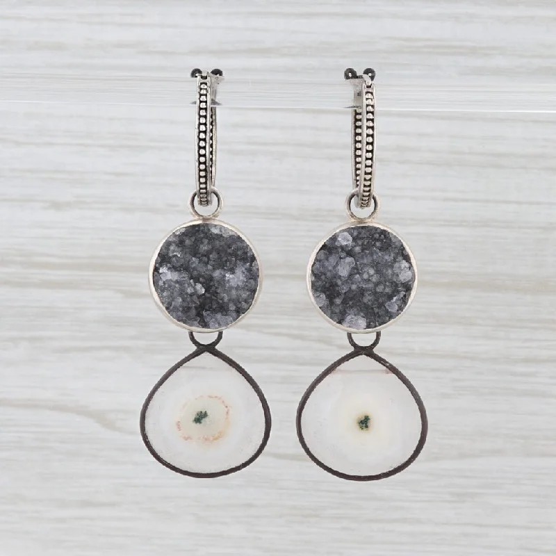 Bold Crystal Earrings for Parties-New Nina Nguyen Hoop Charm Drops Earrings Sterling Silver Druzy Quartz Geode