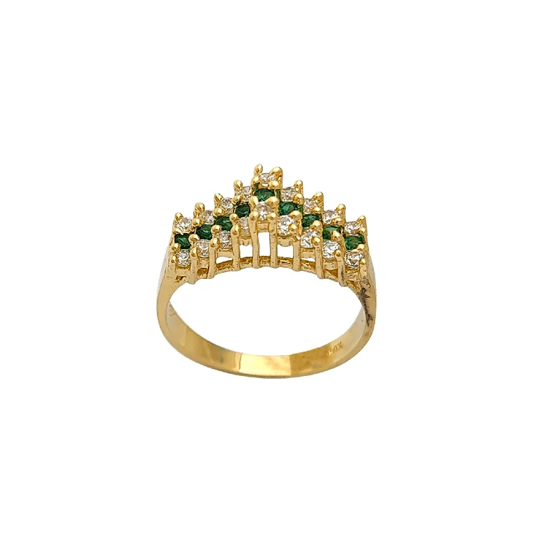 Classic Wedding Ring Set with Diamonds-Green Zirconia 3-Row Rooftop Setting Ring (14K)