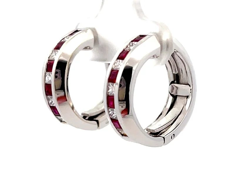 Custom Birthstone Earrings for Gifts-Channel Set Ruby and Diamond Hoop Earrings 18k White Gold