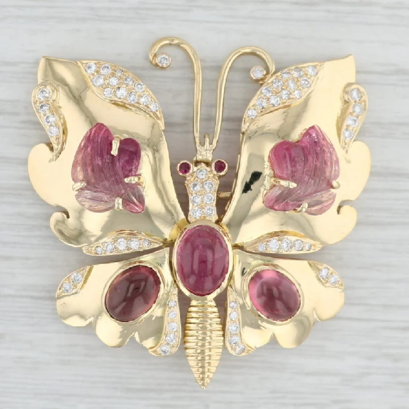 Fashion Brooch For Brides-Vintage Butterfly Brooch with Moving Wings Tourmaline Ruby Diamond 18k Gold