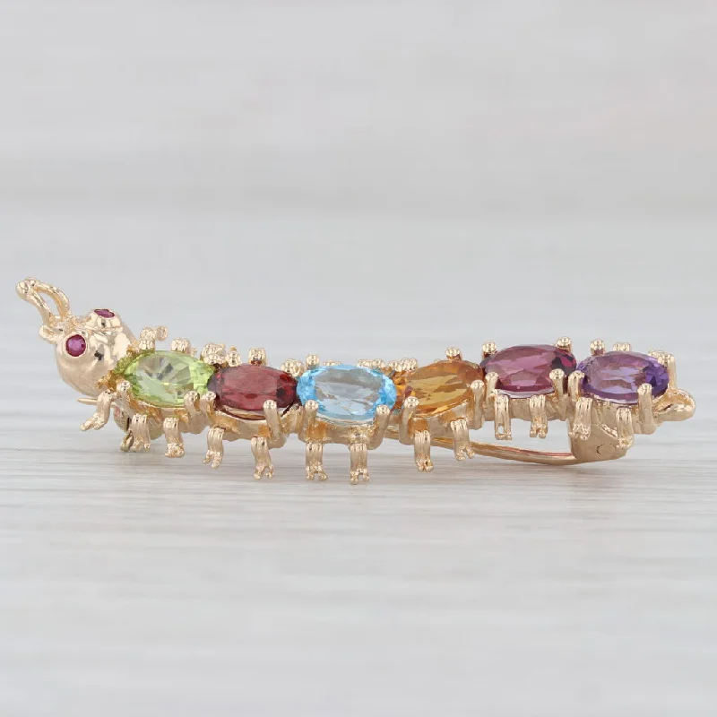 Floral Brooch For Dresses-1.86ctw Gemstone Centipede Brooch 14k Gold Peridot Topaz Garnet Amethyst Pin