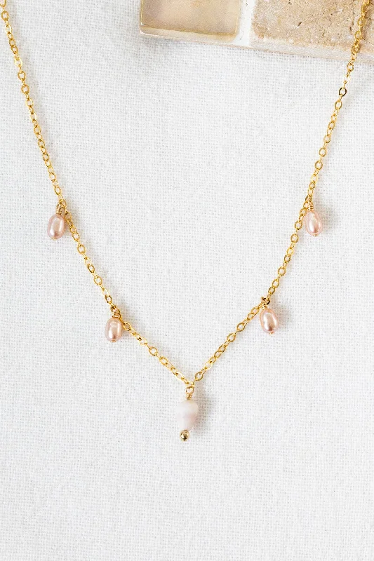 Simple Silver Pendant Necklace for Women-Pink Pearl & Mini Cone Shell Drop Necklace