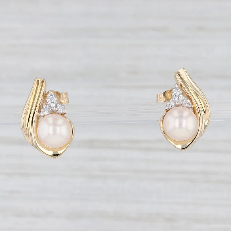 Chic Earrings for Special Occasions-Cultured Pearl Diamond Teardrop Earrings 14k Yellow Gold Pierced Drops