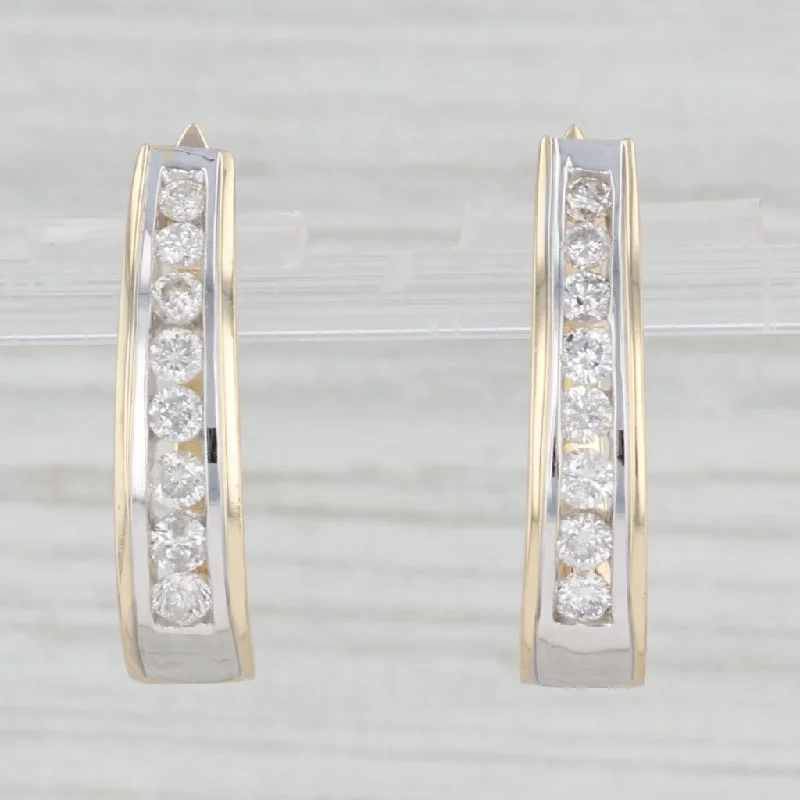 Fancy Crystal Earrings for Special Occasions-0.70ctw Diamond J-Hoop Hoop Earrings 14k Yellow Gold Snap Top Pierced