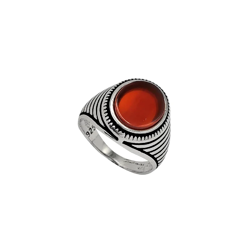 Elegant Ring with Diamond Halo and Sapphire Center-Antique-Finish Ridged Oval Carnelian Men's Ring (Silver)