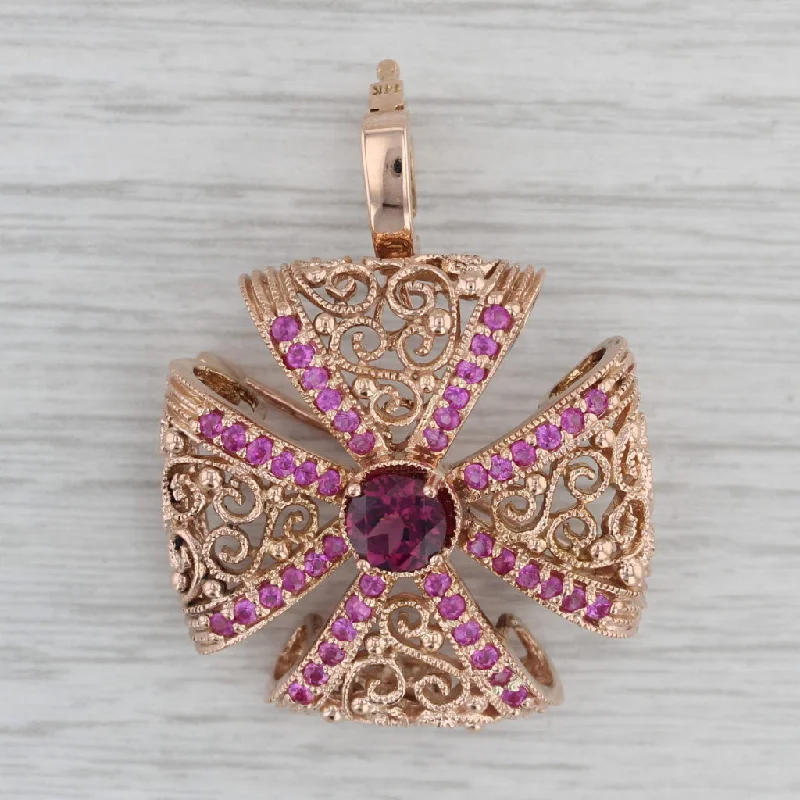 Crystal Brooch For Evening Dresses-2ctw Red Garnet Pink Sapphire Filigree Cross Pendant Brooch 14k Rose Gold