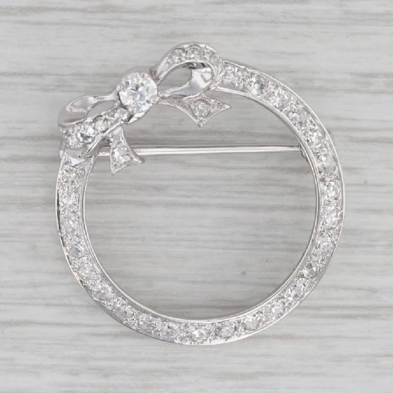 Antique Brooch Pins-Vintage 0.77ctw Diamond Circle Wreath with Bow Brooch 14k White Gold Pin