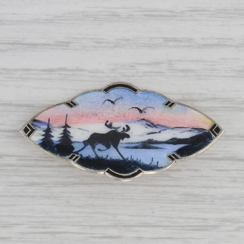 Brooch For Designer Dresses-Vintage Norwegian Guilloche Enamel Moose Brooch Sterling Silver Meldahl Pin