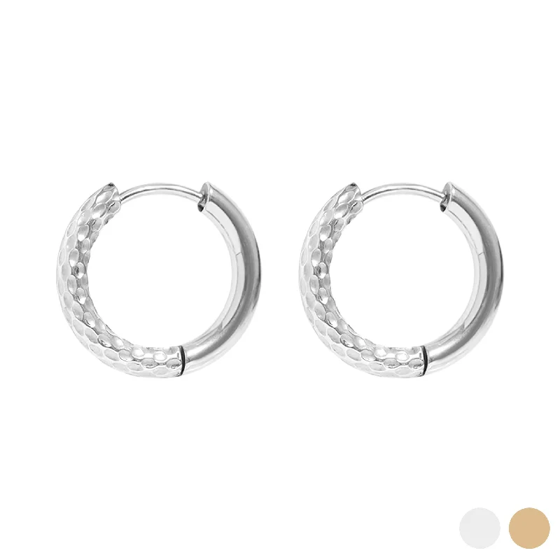 Simple Gold Earrings for Bridesmaids-18K Gold PVD Stainless Steel Half Textured Huggie Hoop Earrings / ERJ0030