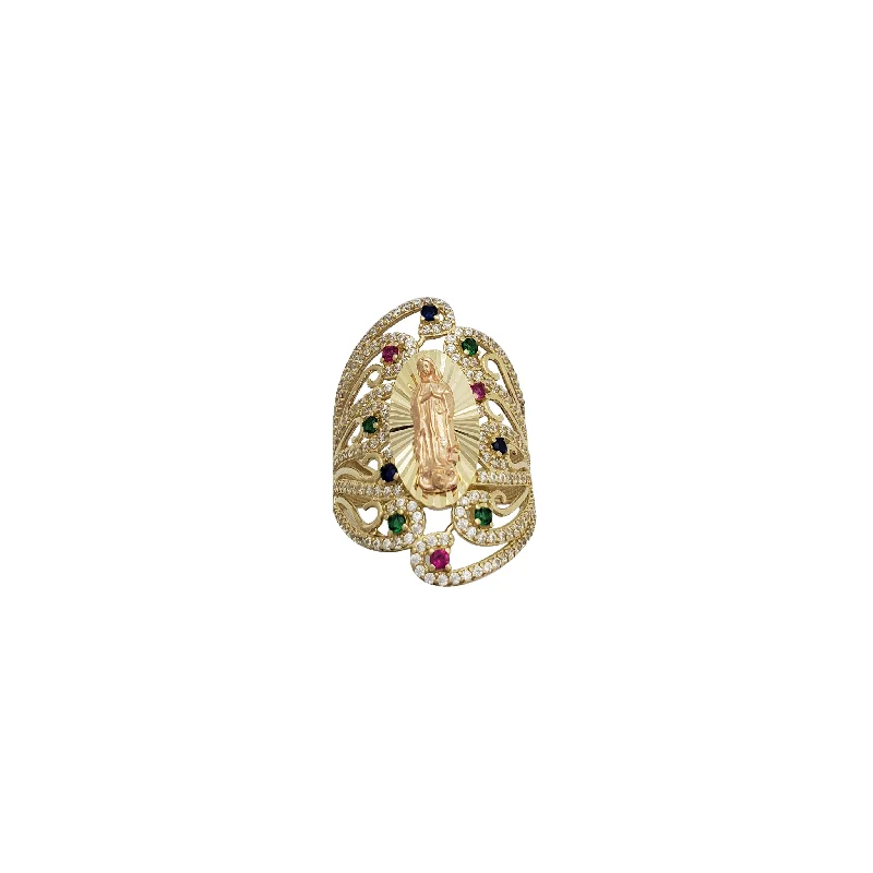 Designer Gold Ring with Custom Engraving for Anniversary-Multi-Color Virgin Mary Ring (14K)