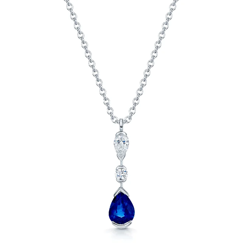 Simple Diamond Necklace for Bridesmaids-18ct White Gold Pear Cut Blue Sapphire And Diamond Drop Pendant