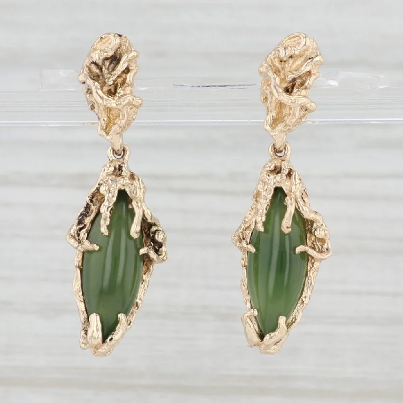 Casual Earrings for Teenagers-Green Nephrite Jade Dangle Earrings 14k Yellow Gold