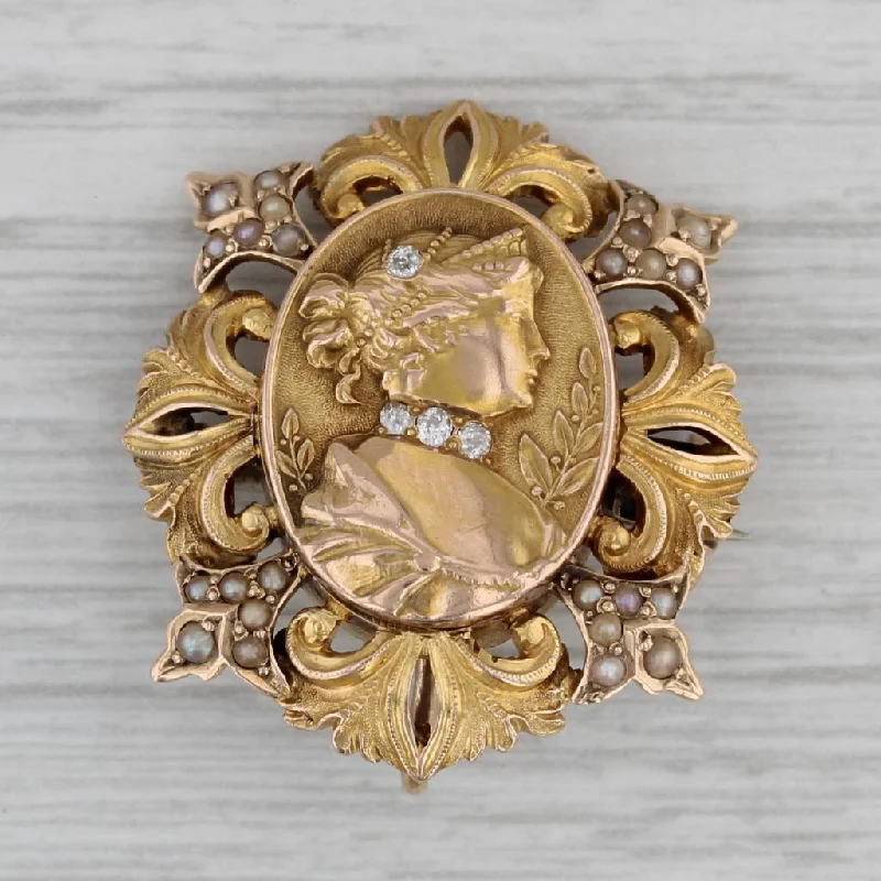 Designer Gold Brooch-Vintage Cameo Brooch Pendant 14k Yellow Gold Diamond Pearl Floral Pin