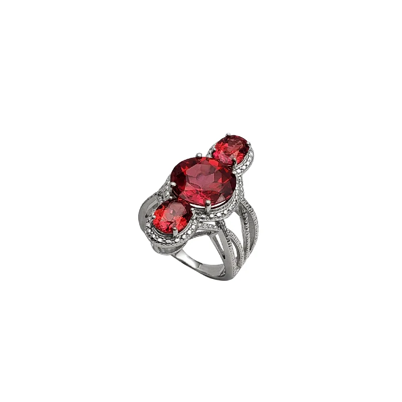 Simple Silver Wedding Band with Diamond Accent-Red Cz Cocktail Ring (Silver)