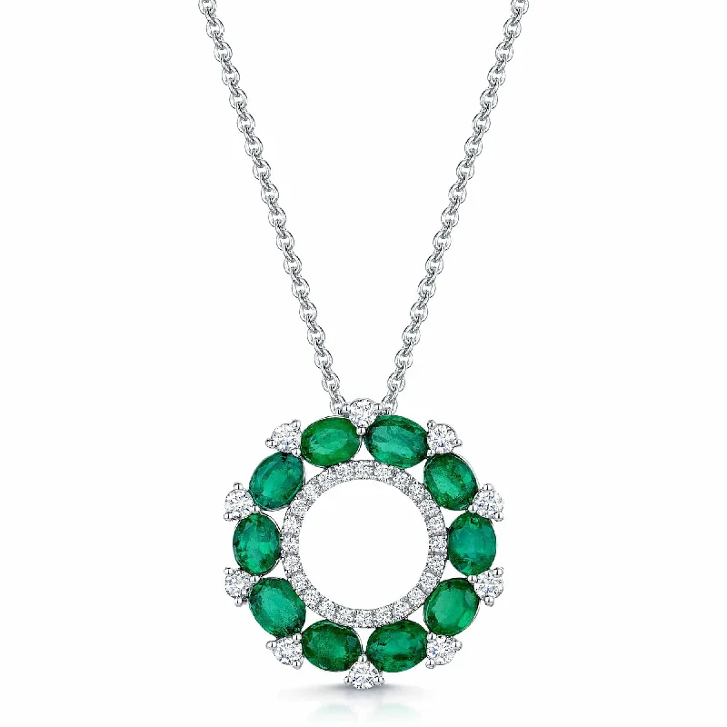 Adjustable Silver Necklace with Pendant-18ct White Gold Emerald & Diamond Open Circle Pendant