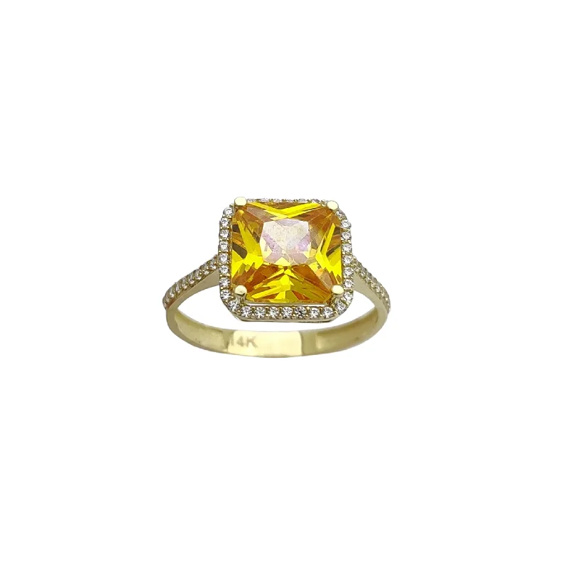 Trendy Wedding Ring with Hammered Finish-Zirconia Yellow Princess-cut Shape Engagement Ring (14K)