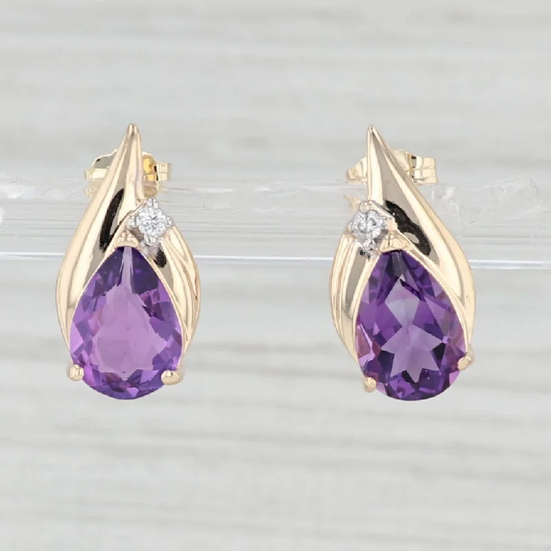 Luxury Earrings for Fashion Lovers-3.06ctw Teardrop Amethyst Earrings 14k Yellow Gold Pear Studs