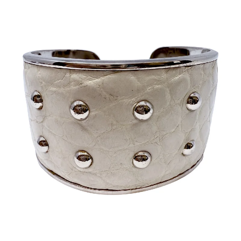 Simple Silver Bracelet with Geometric Design-Tods Leather Studded Cuff  Bracelet