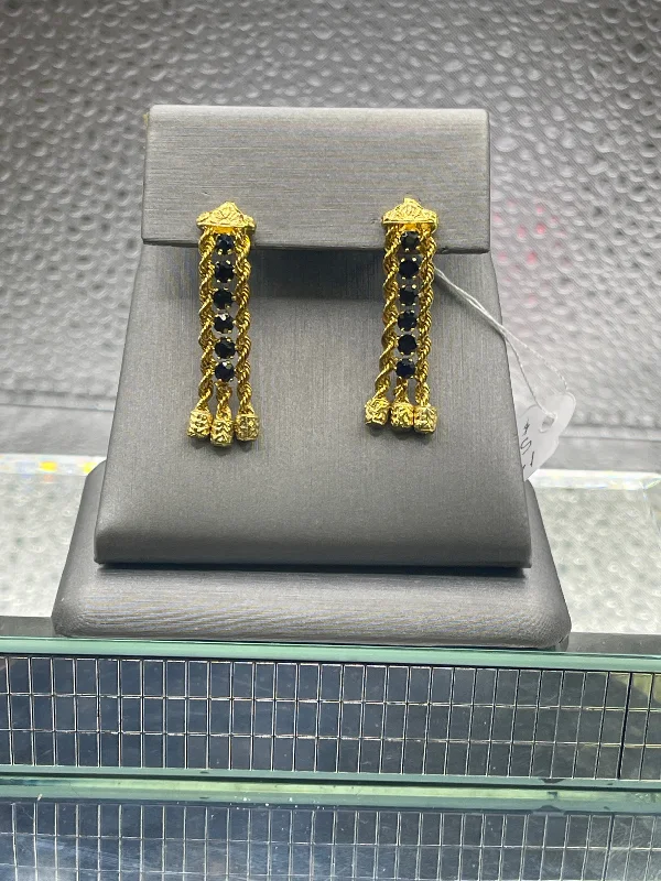 Chunky Hoop Earrings-14 Karat Yellow Gold Dangling Rope Sapphire Earrings