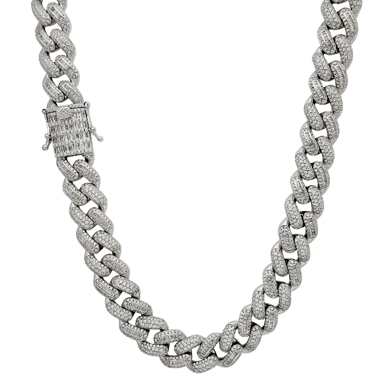 Elegant Gemstone Necklace with Silver Chain-Iced-Out Baguette Cuban Chain (Silver)