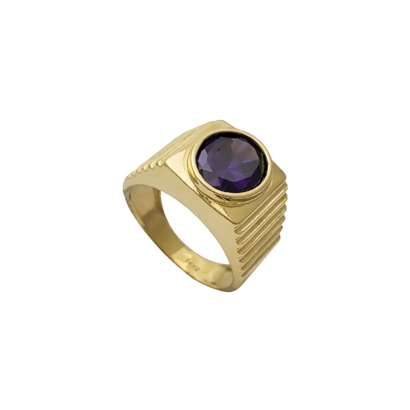 Trendy Wedding Ring with Hammered Finish-Purple Zirconia Ridged Men's Ring (14K)