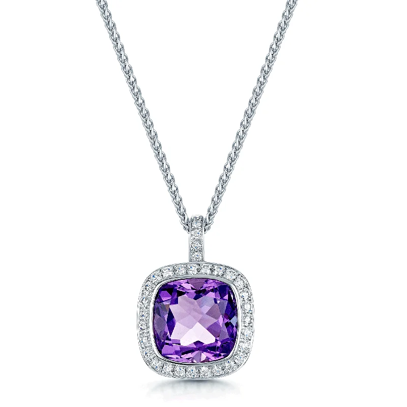 Layered Necklace with Gold Chains for Women-18ct White Gold Cushion Shape Amethyst Pendant with Diamond Halo