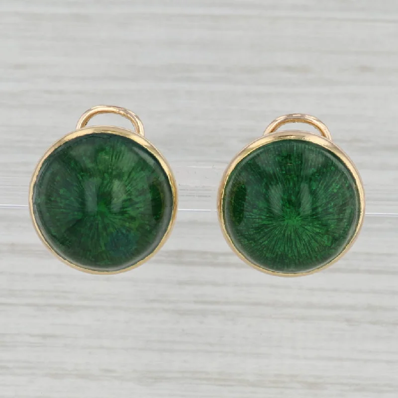 Large Silver Stud Earrings-Green Enamel Button Earrings 14k Yellow Gold Clip On Omega Backs