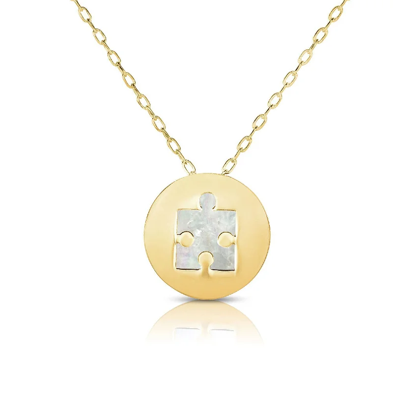 Simple Sapphire Necklace for Bridesmaids-Mother of Pearl Puzzle Piece Medallion Necklace (14K)