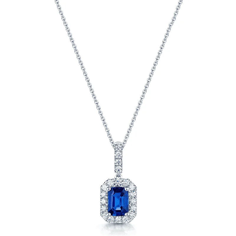 Classic Gemstone Necklace for Weddings-18ct White Gold Sapphire and Diamond Cluster Pendant