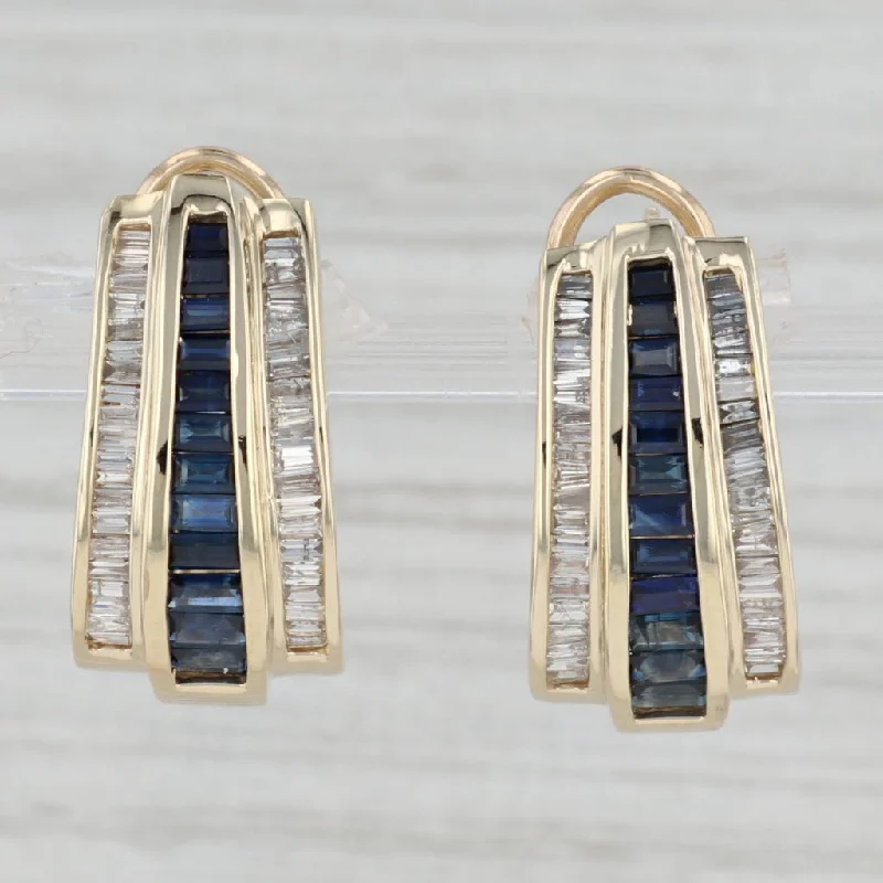 Handmade Crystal Earrings-3ctw Blue Sapphire Diamond J-Hook Earrings 14k Yellow Gold Pierced Omega Backs