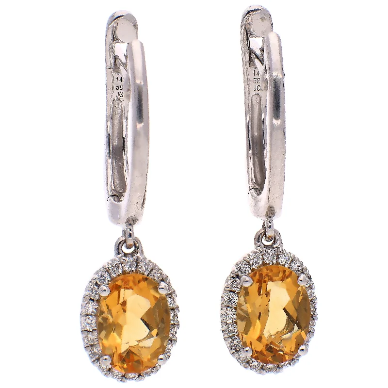 Simple Gold Earrings for Everyday-14K White Gold Citrine and Diamond Earrings