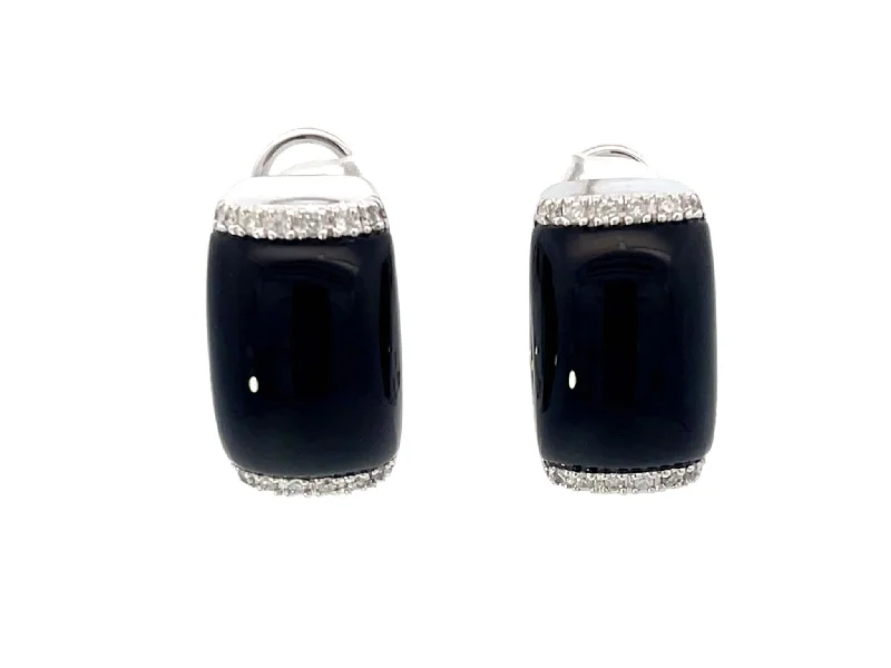 Geometric Drop Earrings-Black Onyx and Diamond Earrings 14k White Gold