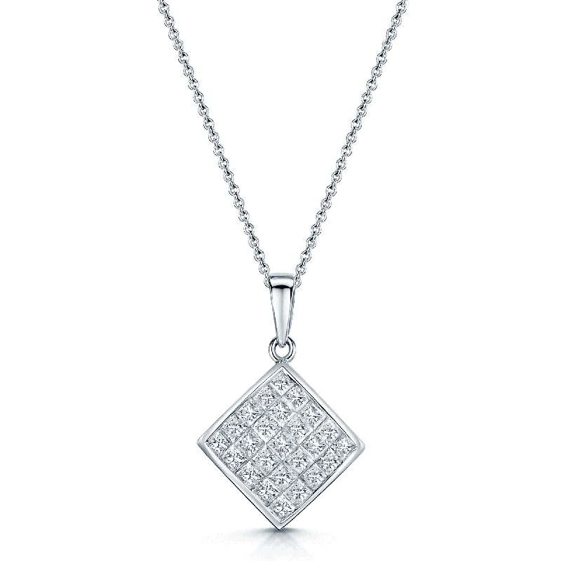 Chunky Gemstone Necklace for Bold Look-18ct White Gold Princess Cut Diamond Pave Set Square Pendant